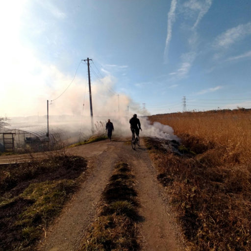 野焼きの日の農道の写真