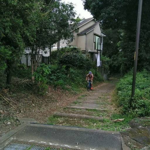 公園内の土の坂道を自転車で登る人の写真