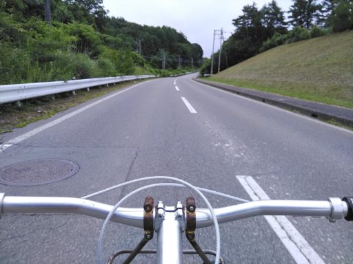 自転車のハンドルバー周りを前景に、曇り空の下の片側一車線道路を撮影した写真。他に人や乗り物の姿はない。